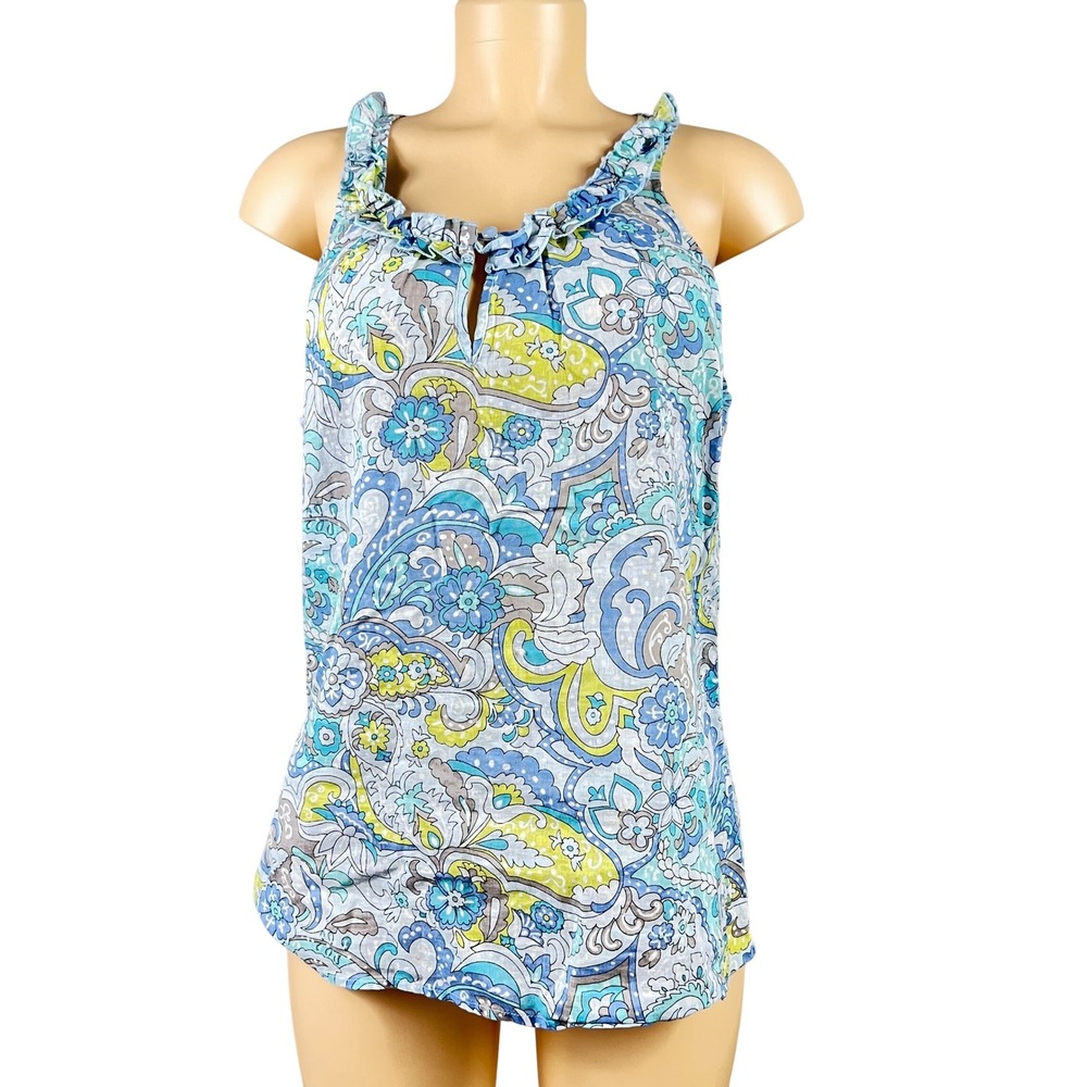 Linen Cotton Tank Top Womens M Paisley Ruffle Neck Blue Boho Summer Travel Chill